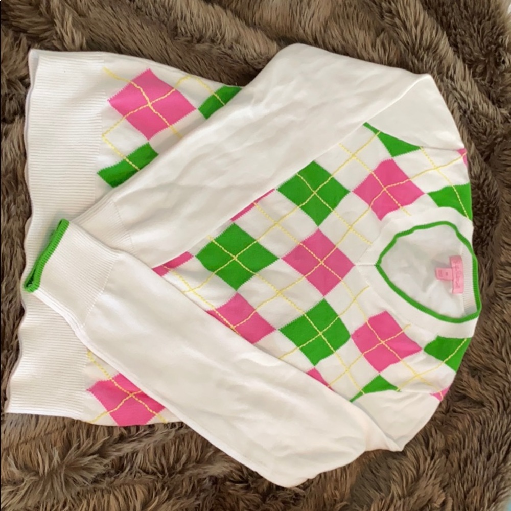 Lilly Pulitzer White, Pink, and Green V-Neck Sweater